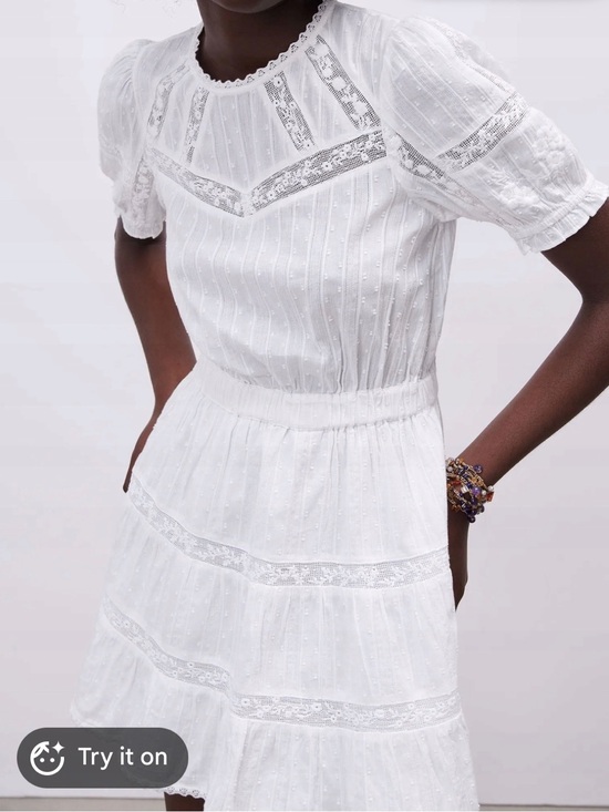 Zara Dresses & Skirts - Zara White Lace Embroidered Mini Dress Puff Sleeve Cottagecore Size M Boho Fairy
